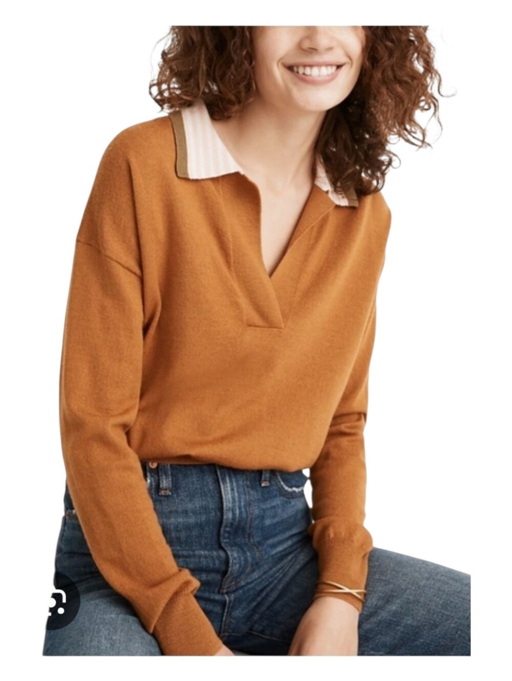 Madewell Womens Camel Brown 70s Vintage Johnny Collar Merino Wool Sweater Small
